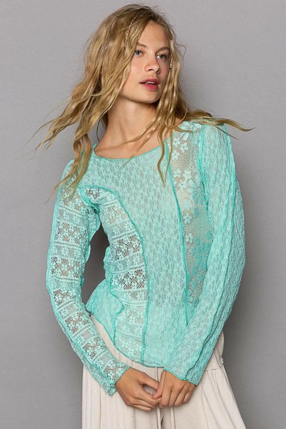 POL Exposed Seam Long Sleeve Lace Knit Top - Love Salve